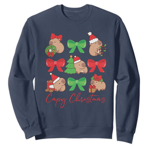 Funny Capybara Christmas Sweatshirt Cute Capy Coquette Bow TS09 Navy Print Your Wear