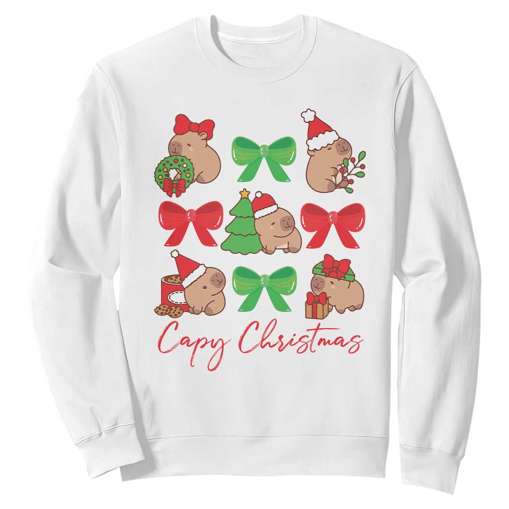 Funny Capybara Christmas Sweatshirt Cute Capy Coquette Bow TS09 White Print Your Wear