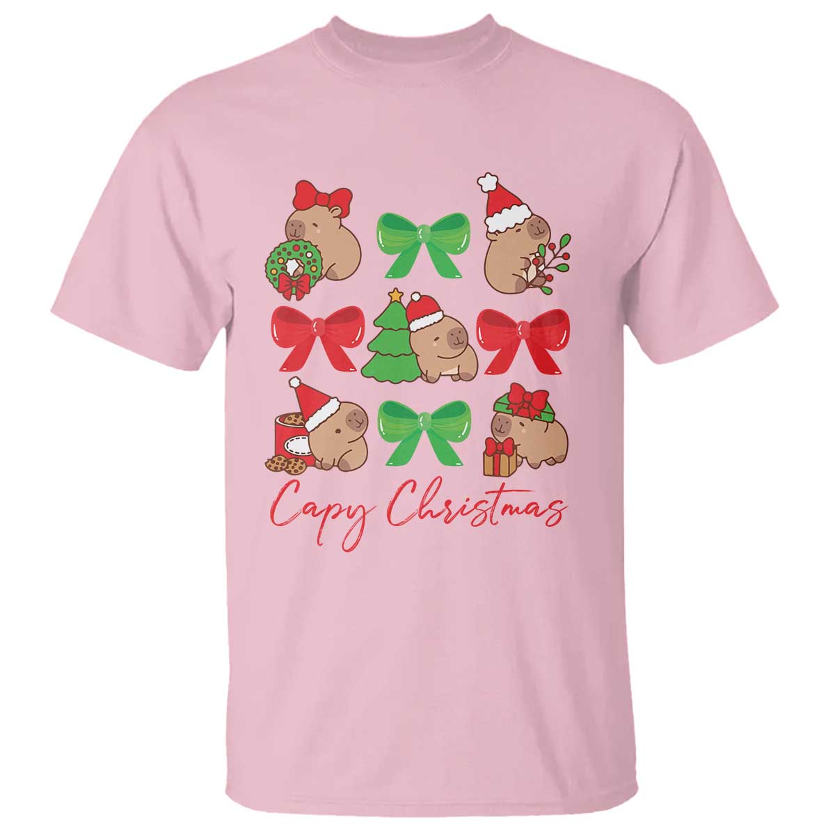 Funny Capybara Christmas T Shirt Cute Capy Coquette Bow TS09 Light Pink Print Your Wear