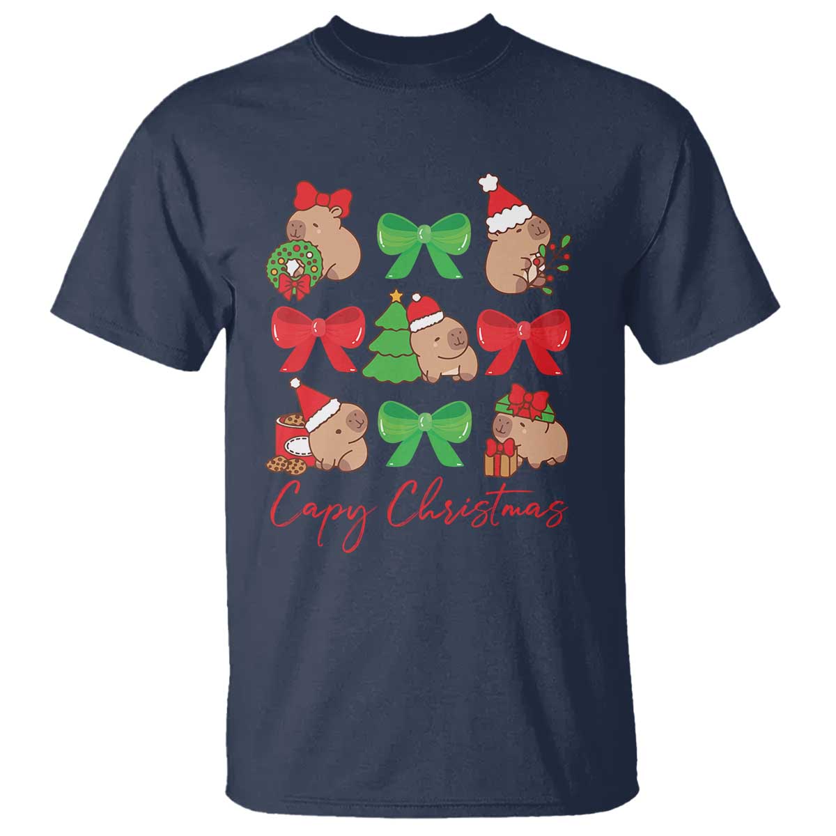 Funny Capybara Christmas T Shirt Cute Capy Coquette Bow TS09 Navy Print Your Wear