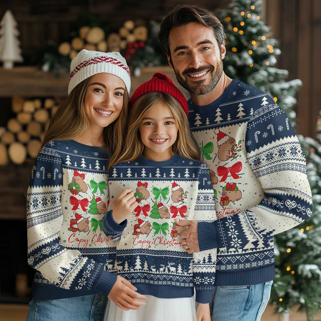 Funny Capybara Xmas Ugly Christmas Sweater Cute Capy Coquette Bow TS09 Navy Print Your Wear