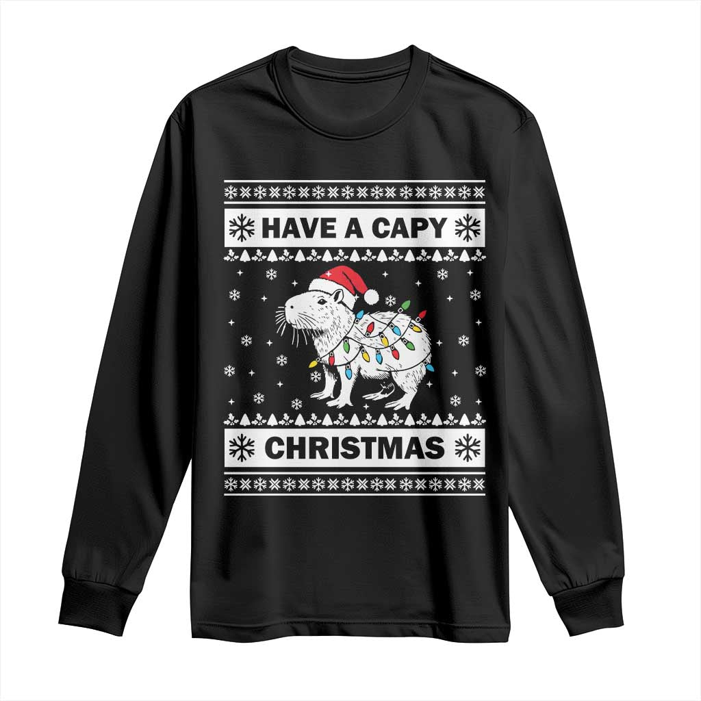 Funny Capybara Christmas Long Sleeve Shirt Have A Capy Christmas Light TS09 Black Print Your Wear