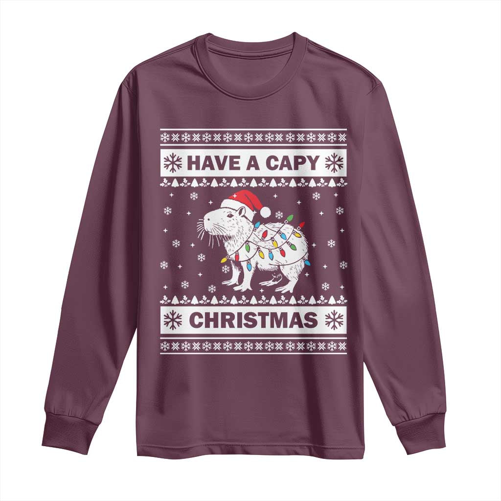 Funny Capybara Christmas Long Sleeve Shirt Have A Capy Christmas Light TS09 Maroon Print Your Wear