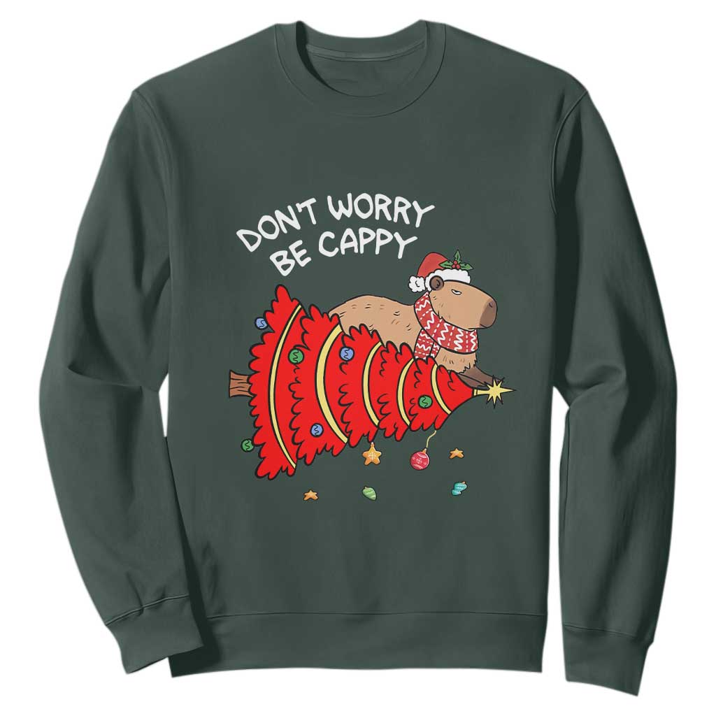 Funny Capybara Christmas Sweatshirt Don't Worry Be Capy TS09 Dark Forest Green Print Your Wear