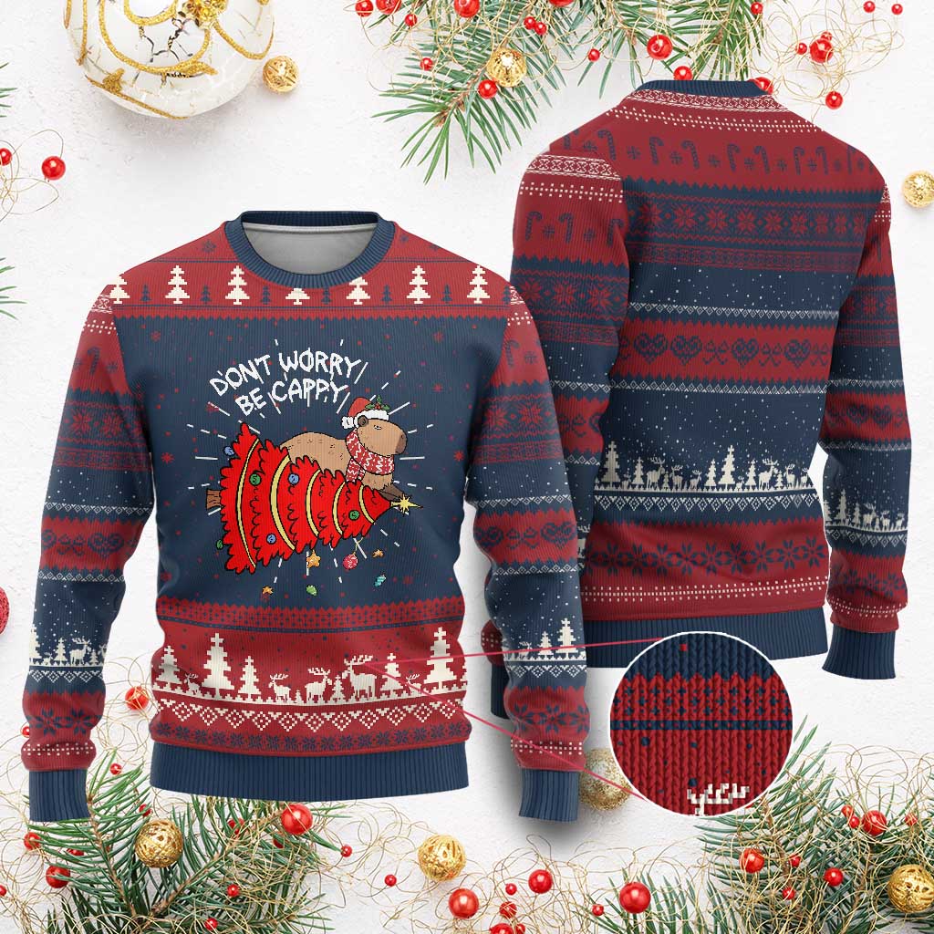 Funny Capybara Xmas Ugly Christmas Sweater Don't Worry Be Capy TS09 Burgundy Print Your Wear
