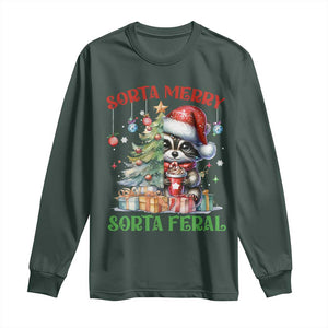 Funny Christmas Raccoon Long Sleeve Shirt Sorta Merry Sorta Feral Merry Trashmas TS09 Dark Forest Green Print Your Wear