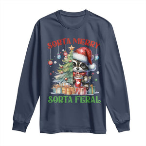 Funny Christmas Raccoon Long Sleeve Shirt Sorta Merry Sorta Feral Merry Trashmas TS09 Navy Print Your Wear