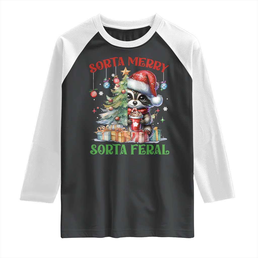 Funny Christmas Raccoon Raglan Shirt Sorta Merry Sorta Feral Merry Trashmas TS09 Black White Print Your Wear