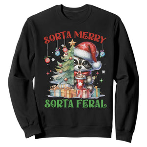 Funny Christmas Raccoon Sweatshirt Sorta Merry Sorta Feral Merry Trashmas TS09 Black Print Your Wear