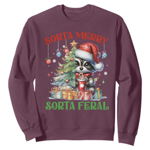 Funny Christmas Raccoon Sweatshirt Sorta Merry Sorta Feral Merry Trashmas TS09 Maroon Print Your Wear