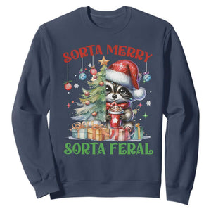 Funny Christmas Raccoon Sweatshirt Sorta Merry Sorta Feral Merry Trashmas TS09 Navy Print Your Wear