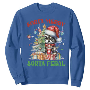 Funny Christmas Raccoon Sweatshirt Sorta Merry Sorta Feral Merry Trashmas TS09 Royal Blue Print Your Wear