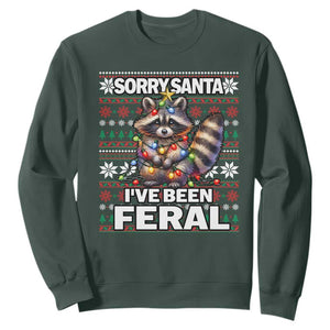 Funny Christmas Raccoon Sweatshirt Sorry Santa I've Been Feral TS09 Dark Forest Green Print Your Wear