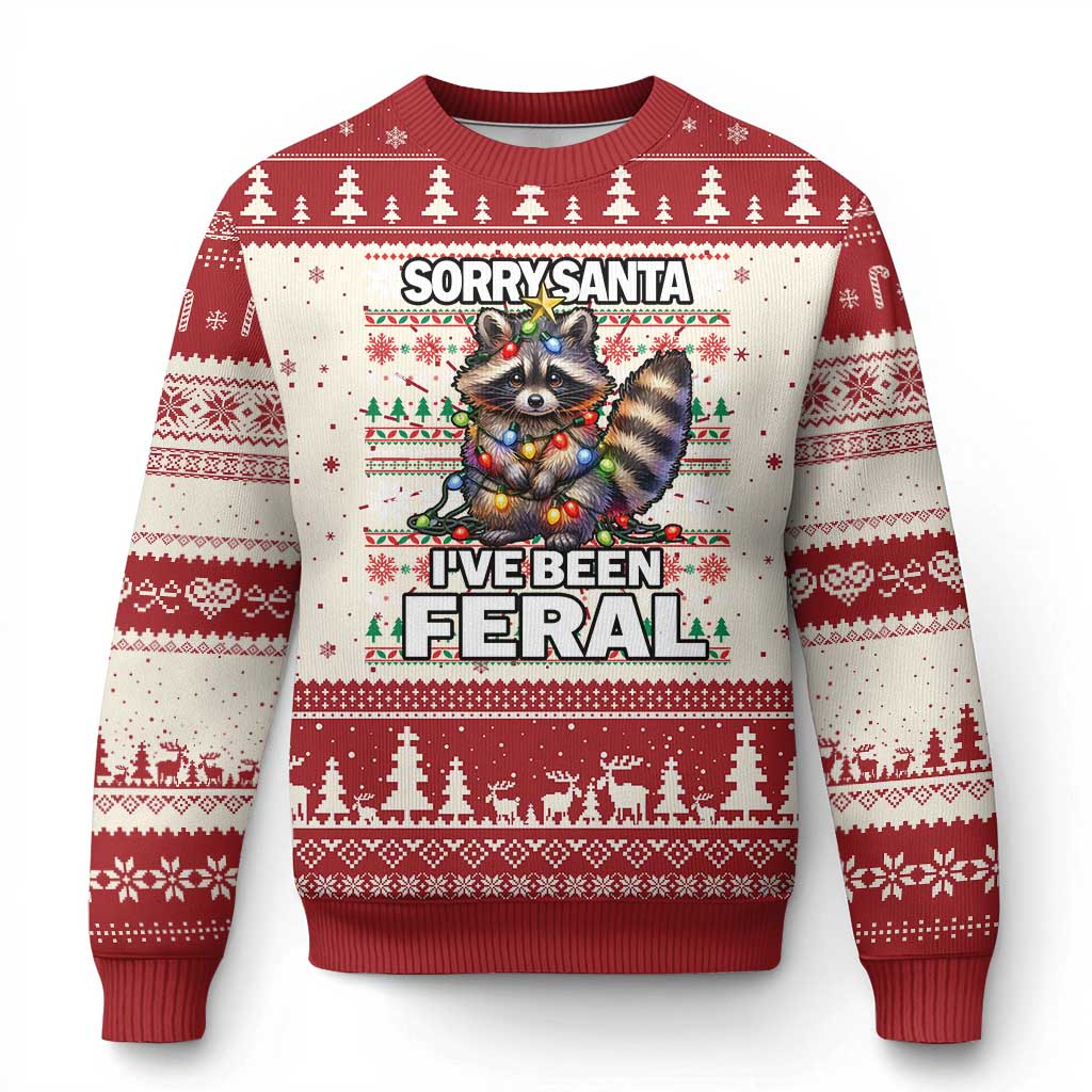 Funny Xmas Raccoon Ugly Christmas Sweater Sorry Santa I've Been Feral TS09 Red Print Your Wear