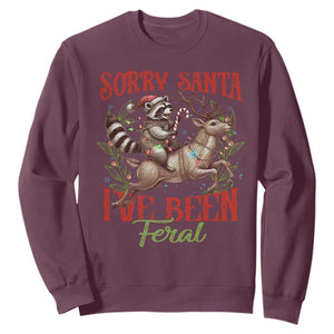 Funny Christmas Raccoon Sweatshirt Sorry Santa I've Been Feral Reindeer TS09 Maroon Print Your Wear