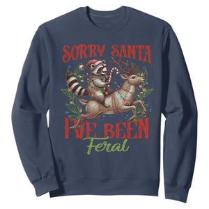 Funny Christmas Raccoon Sweatshirt Sorry Santa I've Been Feral Reindeer TS09 Navy Print Your Wear