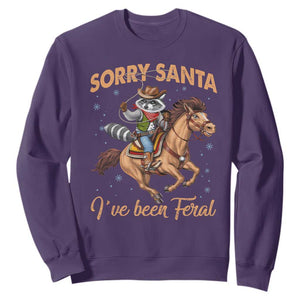 Funny Christmas Raccoon Sweatshirt Sorry Santa I've Been Feral Cowboy TS09 Purple Print Your Wear