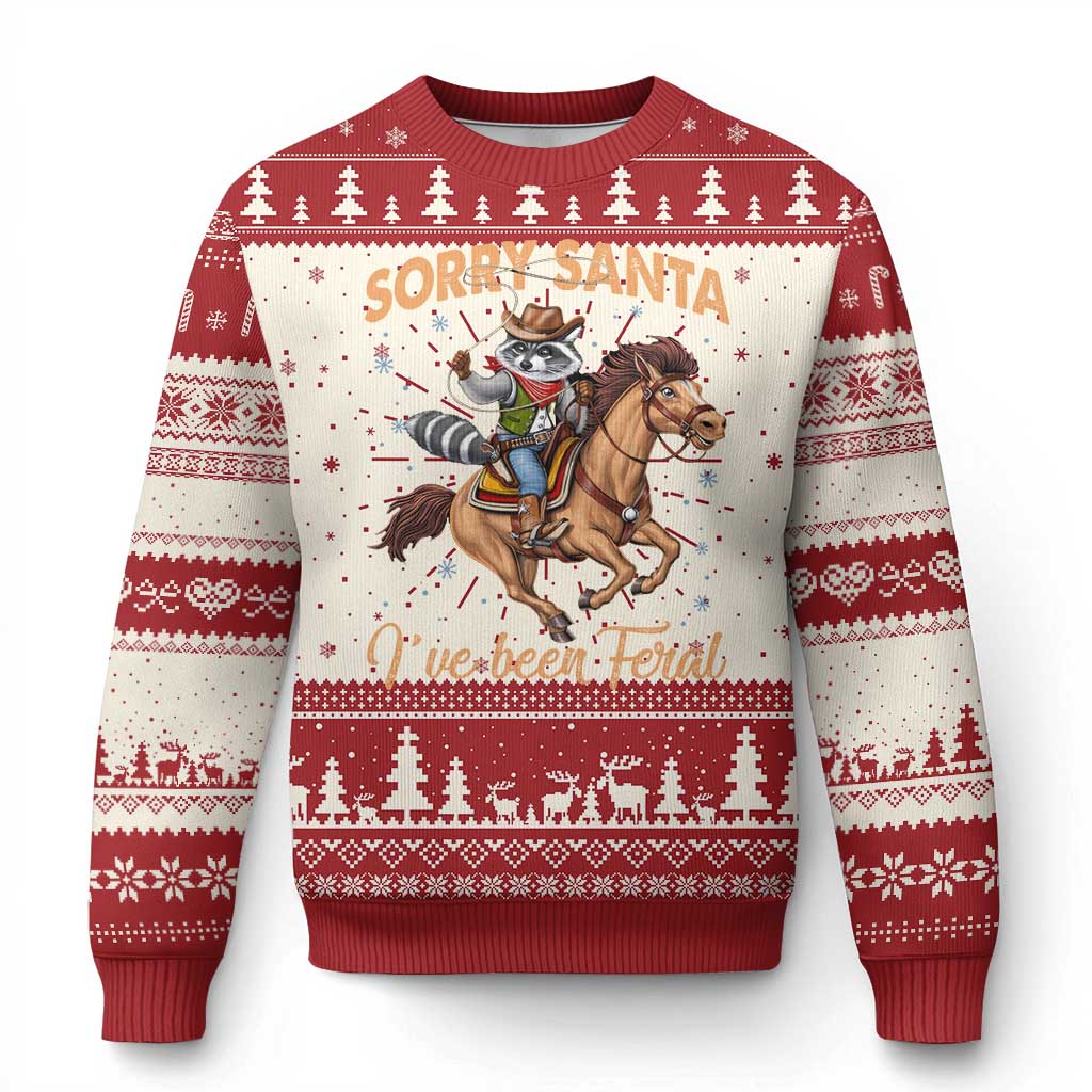 Funny Xmas Raccoon Ugly Christmas Sweater Sorry Santa I've Been Feral Cowboy TS09 Red Print Your Wear