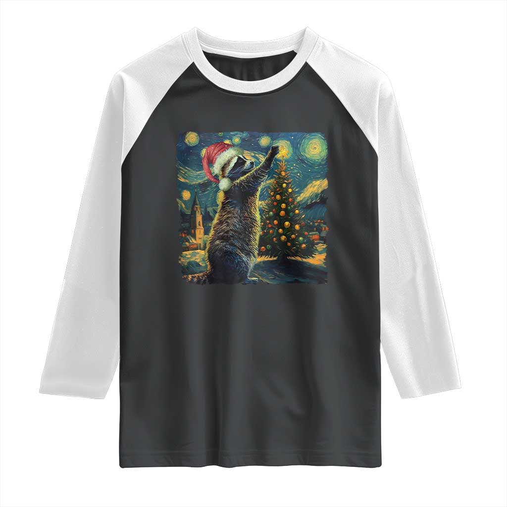 Christmas Starry Night Raccoon Raglan Shirt TS09 Black White Print Your Wear