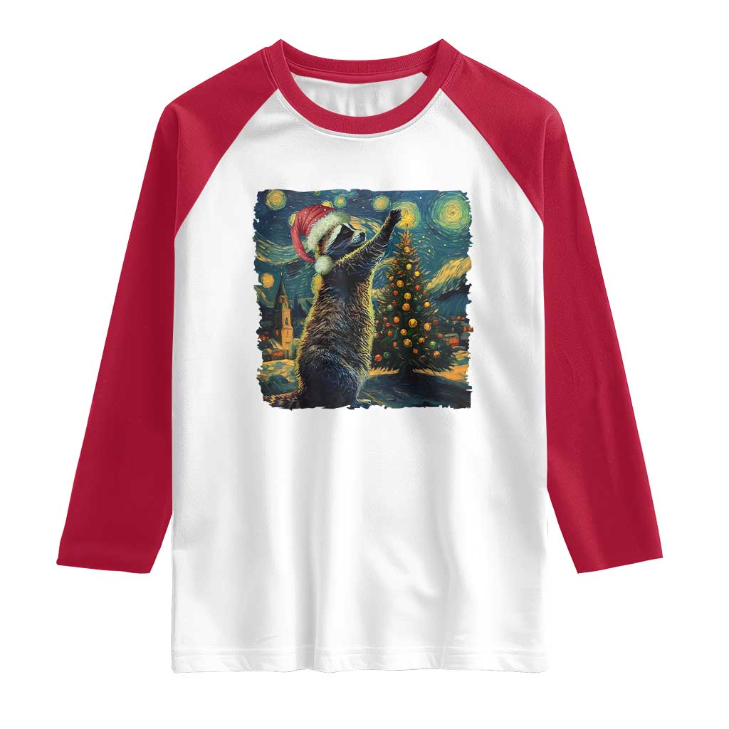 Christmas Starry Night Raccoon Raglan Shirt TS09 White Red Print Your Wear