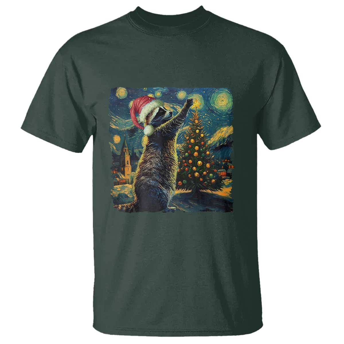 Christmas Starry Night Raccoon T Shirt TS09 Dark Forest Green Print Your Wear