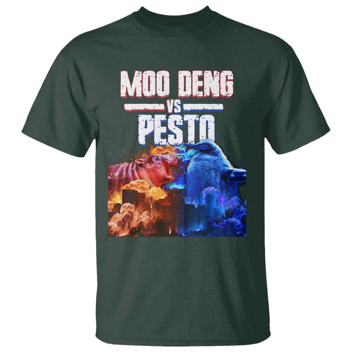 Funny Moo Deng VS Pesto T Shirt TS09 Dark Forest Green Print Your Wear