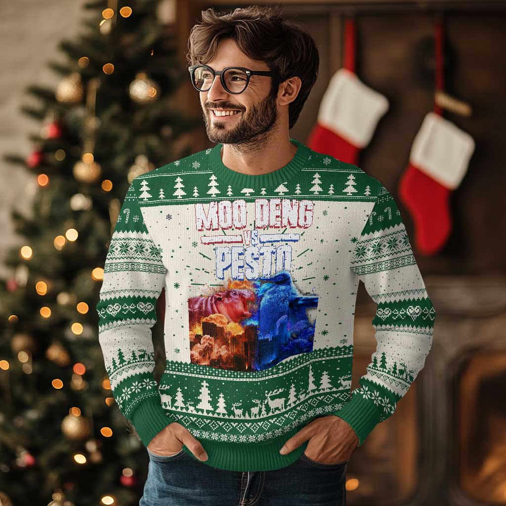 Funny Moo Deng VS Pesto Ugly Christmas Sweater TS09 Green Print Your Wear