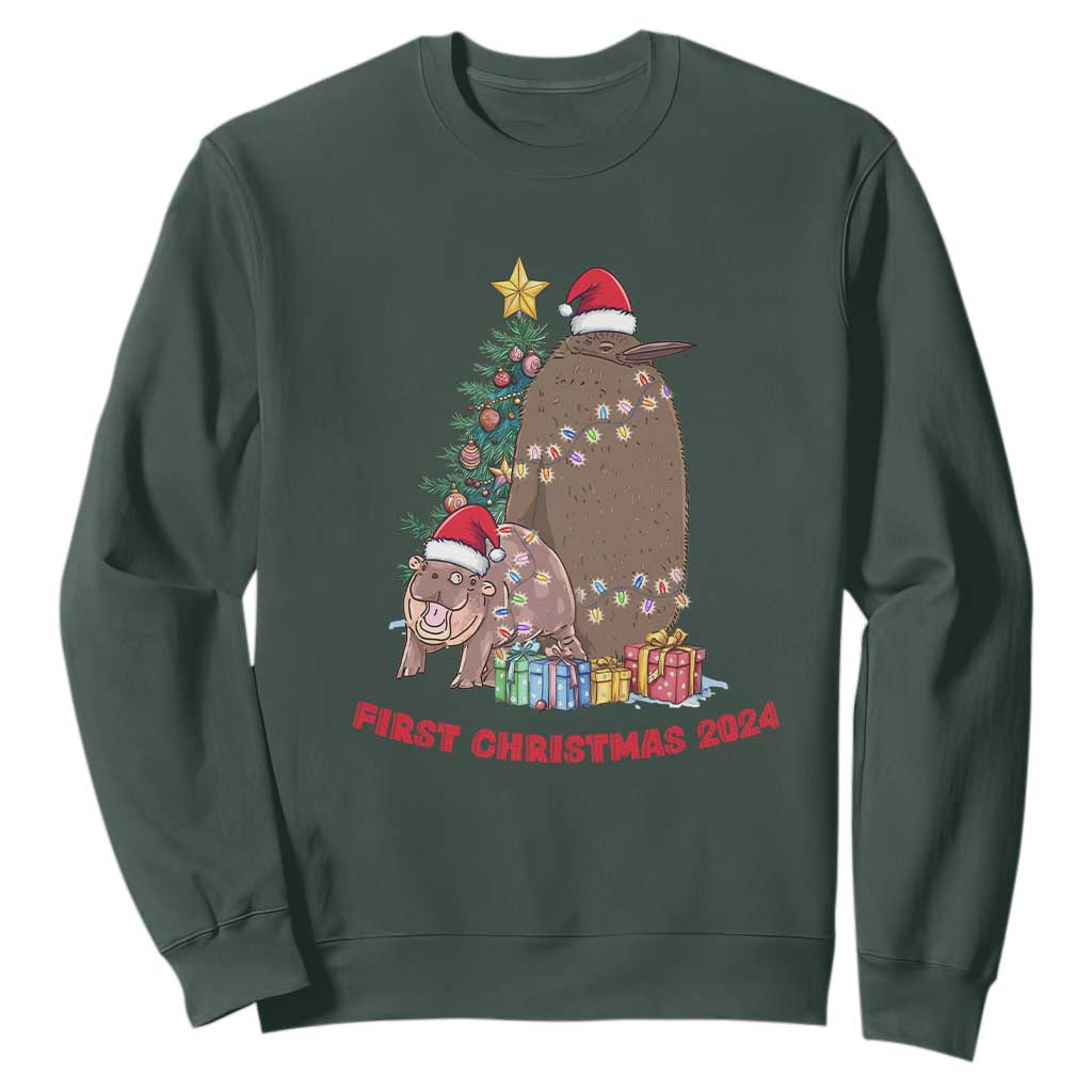 First Christmas 2024 Moo Deng Pesto Sweatshirt TS09 Dark Forest Green Print Your Wear