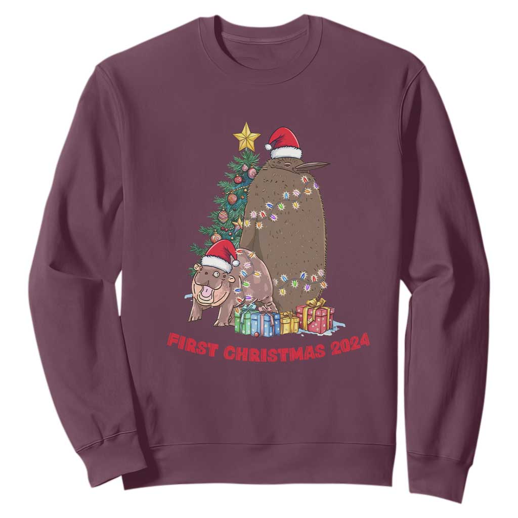 First Christmas 2024 Moo Deng Pesto Sweatshirt TS09 Maroon Print Your Wear