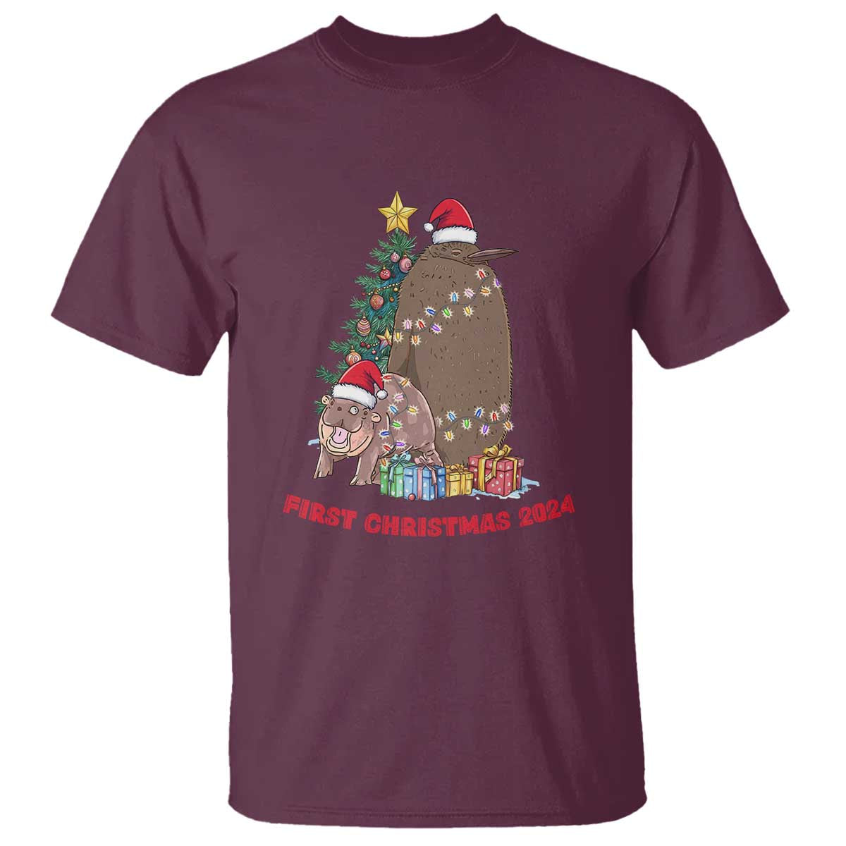 First Christmas 2024 Moo Deng Pesto T Shirt TS09 Maroon Print Your Wear