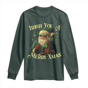 Irish You A Merry Xmas Long Sleeve Shirt Shamrock Santa Ireland Lucky TS09 Dark Forest Green Print Your Wear