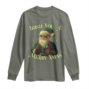 Irish You A Merry Xmas Long Sleeve Shirt Shamrock Santa Ireland Lucky TS09 Military Green Print Your Wear