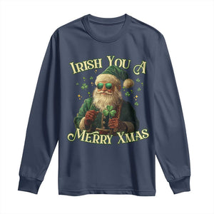 Irish You A Merry Xmas Long Sleeve Shirt Shamrock Santa Ireland Lucky TS09 Navy Print Your Wear