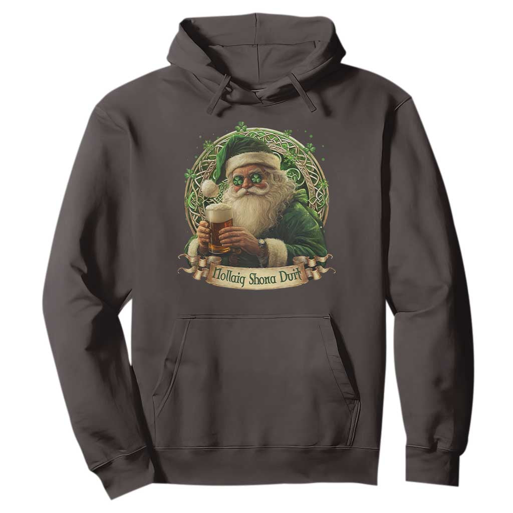Irish Christmas Hoodie Nollaig Shona Duit Shamrock Santa Drinking Beer TS09 Dark Chocolate Print Your Wear