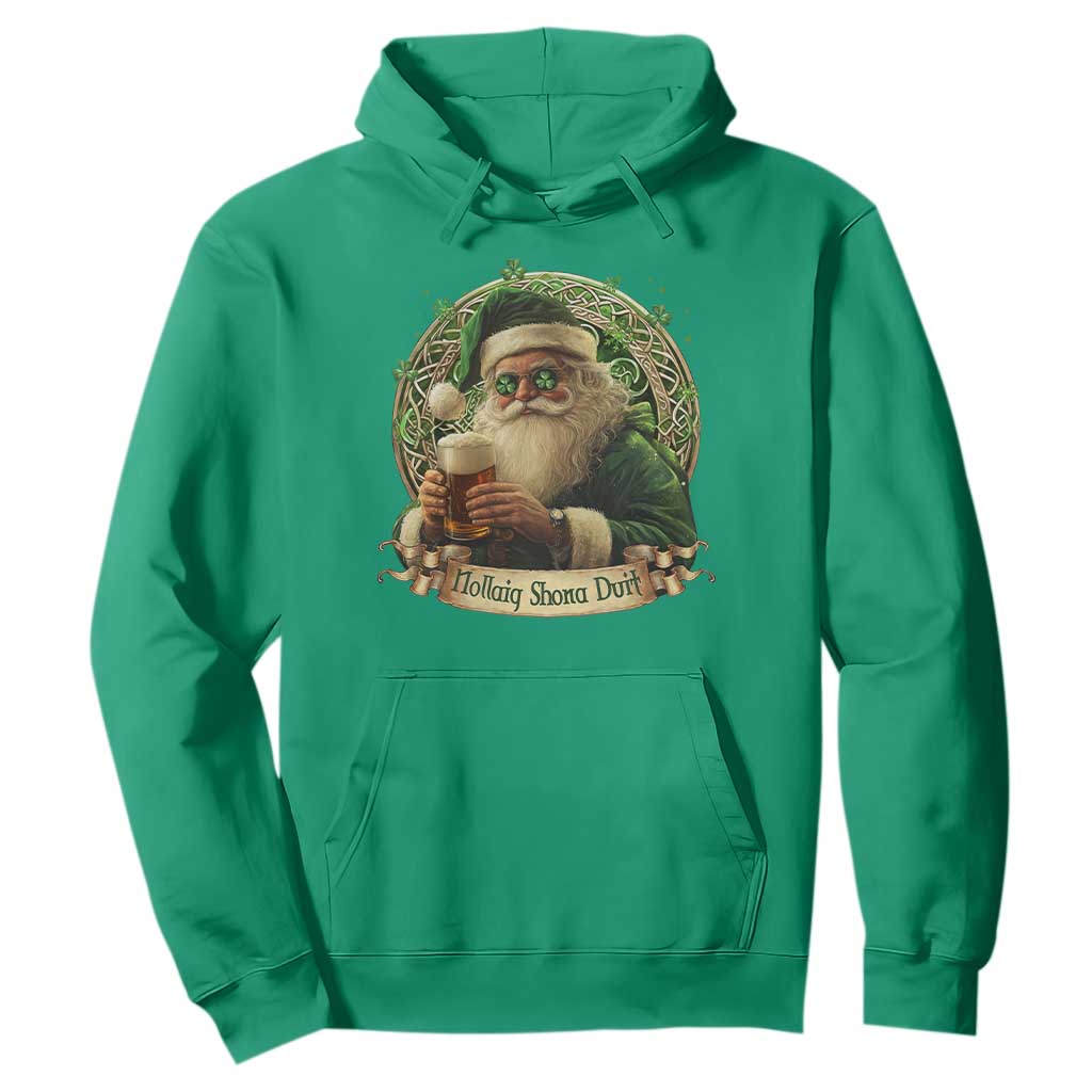 Irish Christmas Hoodie Nollaig Shona Duit Shamrock Santa Drinking Beer TS09 Irish Green Print Your Wear