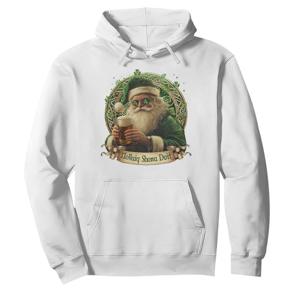 Irish Christmas Hoodie Nollaig Shona Duit Shamrock Santa Drinking Beer TS09 White Print Your Wear