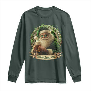 Irish Christmas Long Sleeve Shirt Nollaig Shona Duit Shamrock Santa Drinking Beer TS09 Dark Forest Green Print Your Wear