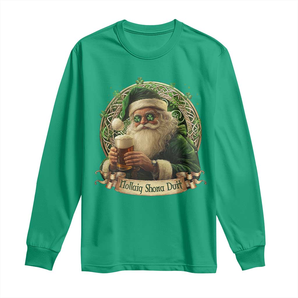 Irish Christmas Long Sleeve Shirt Nollaig Shona Duit Shamrock Santa Drinking Beer TS09 Irish Green Print Your Wear