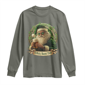 Irish Christmas Long Sleeve Shirt Nollaig Shona Duit Shamrock Santa Drinking Beer TS09 Military Green Print Your Wear