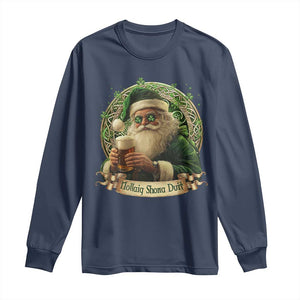 Irish Christmas Long Sleeve Shirt Nollaig Shona Duit Shamrock Santa Drinking Beer TS09 Navy Print Your Wear