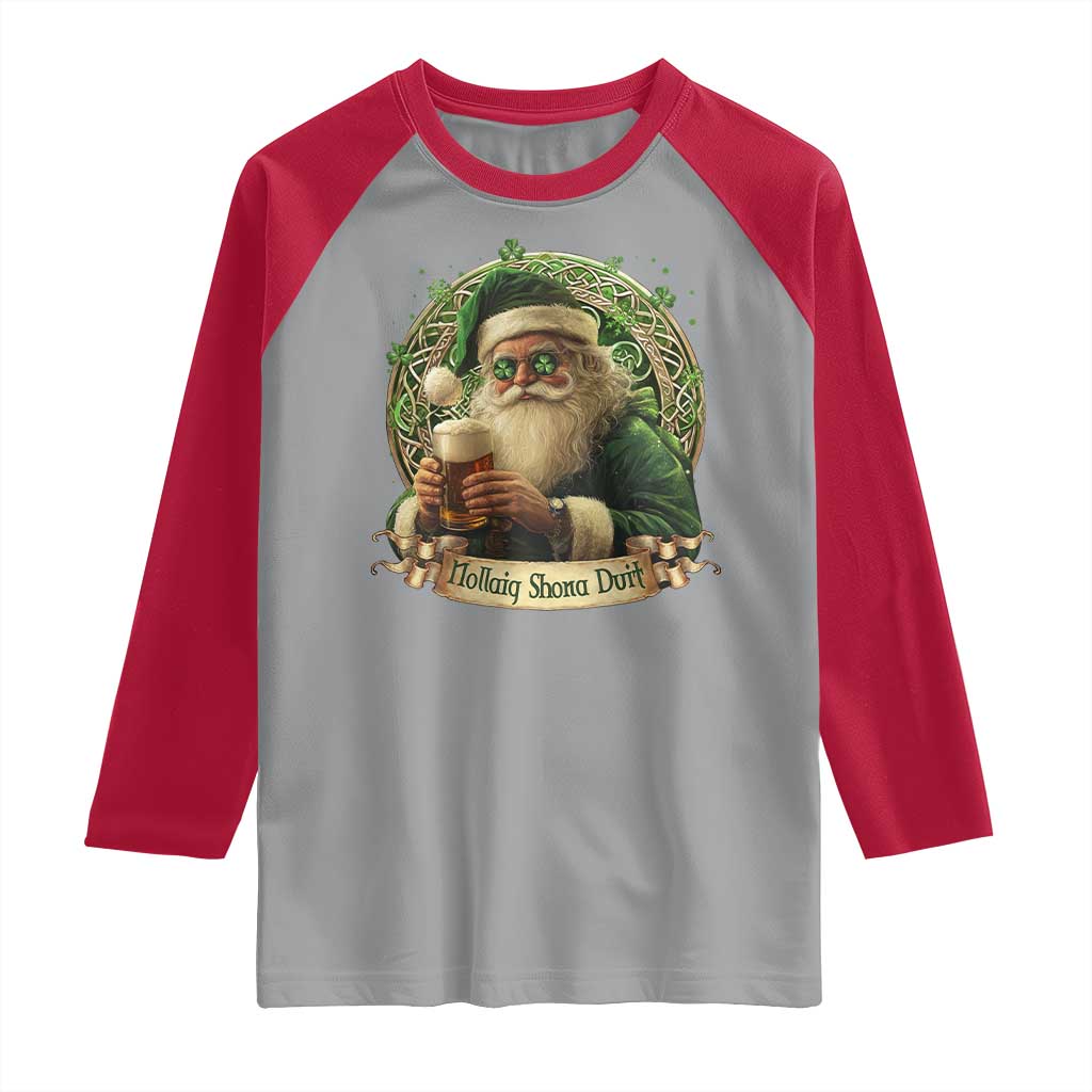 Irish Christmas Raglan Shirt Nollaig Shona Duit Shamrock Santa Drinking Beer TS09 Sport Gray Red Print Your Wear