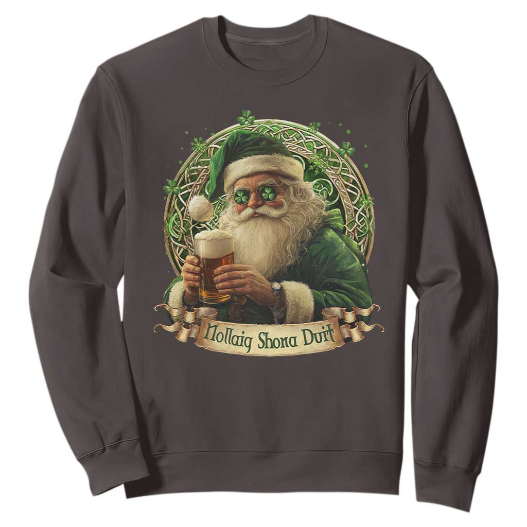 Irish Christmas Sweatshirt Nollaig Shona Duit Shamrock Santa Drinking Beer TS09 Dark Chocolate Print Your Wear