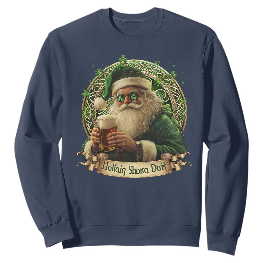 Irish Christmas Sweatshirt Nollaig Shona Duit Shamrock Santa Drinking Beer TS09 Navy Print Your Wear