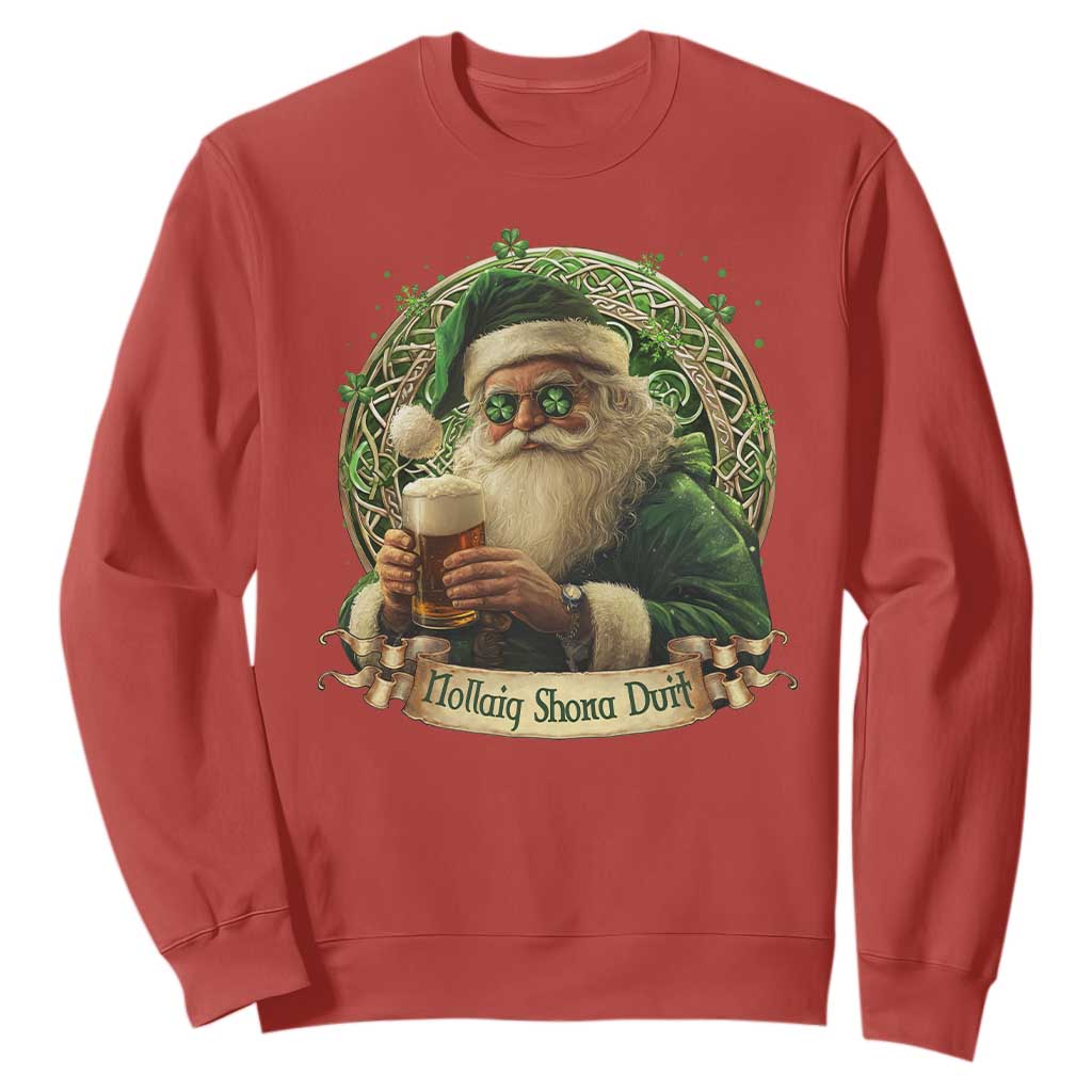 Irish Christmas Sweatshirt Nollaig Shona Duit Shamrock Santa Drinking Beer TS09 Red Print Your Wear