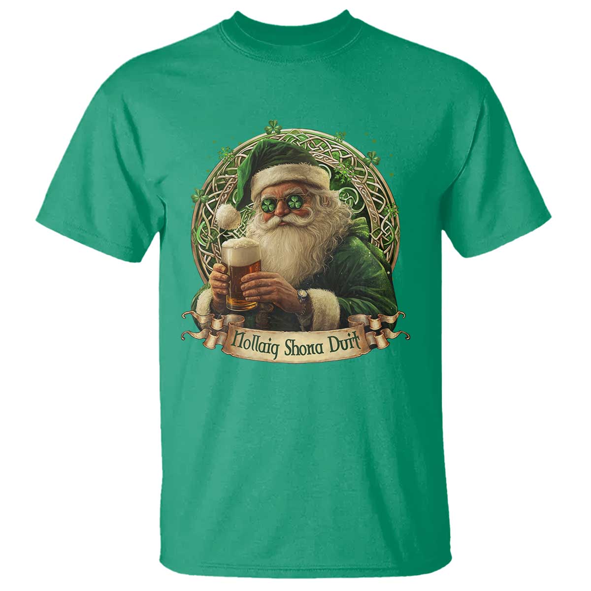 Irish Christmas T Shirt Nollaig Shona Duit Shamrock Santa Drinking Beer TS09 Irish Green Print Your Wear