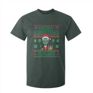 Funny Xmas Alien Santa T Shirt For Kid Merry Christmas Humans UFO Outer Space TS09 Dark Forest Green Print Your Wear