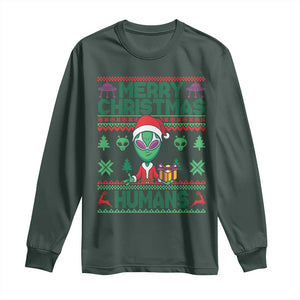 Funny Xmas Alien Santa Long Sleeve Shirt Merry Christmas Humans UFO Outer Space TS09 Dark Forest Green Print Your Wear