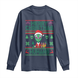 Funny Xmas Alien Santa Long Sleeve Shirt Merry Christmas Humans UFO Outer Space TS09 Navy Print Your Wear