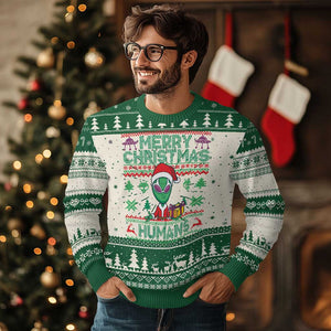 Funny Xmas Alien Santa Ugly Christmas Sweater Merry Christmas Humans UFO Outer Space TS09 Green Print Your Wear