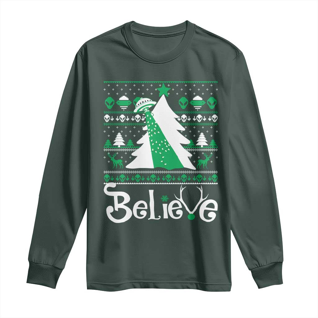 Funny Xmas UFO Believe Long Sleeve Shirt TS09 Dark Forest Green Print Your Wear